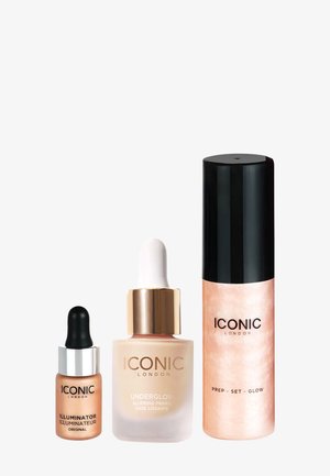 Tre IKONISKE London makeup-produkter, der forbedrer gløden: Illuminator, Underglow slørende primer med dråbetæller og Prep-Set-Glow spray.