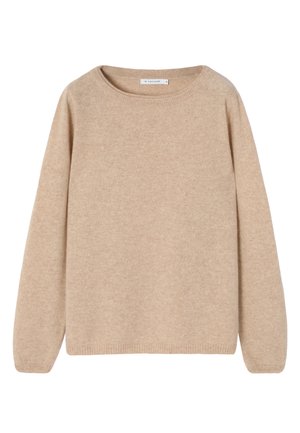 Béžový vlnený sveter s okrúhlym výstrihom, dlhými rukávmi a rebrovanými manžetami. Mäkkučká textúra s hladkým povrchom a jednoduchý dizajn.