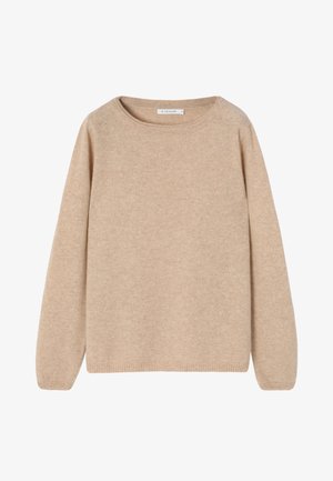 Béžový vlnený sveter s okrúhlym výstrihom, dlhými rukávmi a rebrovanými manžetami. Mäkkučká textúra s hladkým povrchom a jednoduchý dizajn.