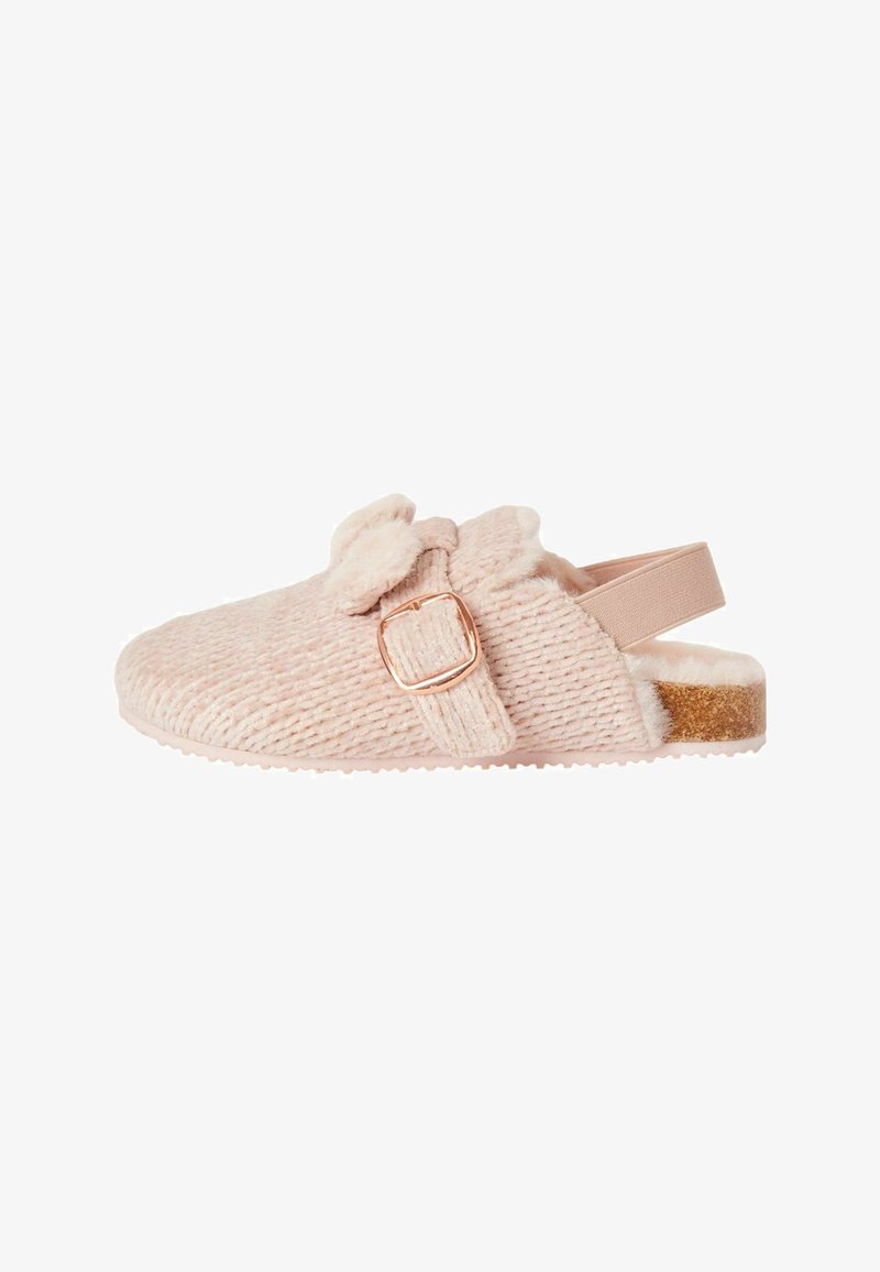Pantof cu slip-on din catifea roz, cu căptușeală moale din blană artificială, curea ajustabilă cu accesorii din aur roz și talpă texturată.