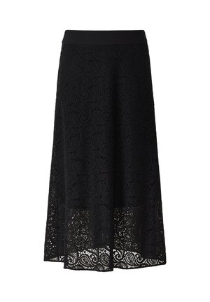 Schwarzer Spitzenrock mit einem detaillierten Paisley-Muster, ausgestattet mit einem breiten Bündchen und einer fließenden A-Linie, die Textur und Eleganz verleiht.