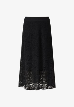Black lace skirt with a detailed paisley pattern, featuring a wide waistband and a flowing A-line shape, adding texture and elegance.
