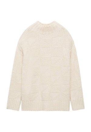 Cremfarbener Strickpullover mit strukturiertem geometrischem Muster, gerippten Bündchen und Saum, hoher Ausschnitt und lässige Passform.
