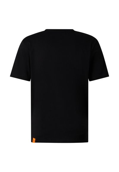 T-shirt noir à manches courtes et col rond avec une petite étiquette orange près de l'ourlet inférieur, présenté de dos sur un fond blanc.