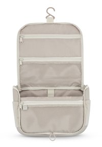 Ripustettava kosmetiikkalaukku beigessä kankaassa, jossa on verkkotaskuja, vetoketjukiinnitykset ja koukku. Ominaisuuksiin kuuluu sileä pinta ja järjestellyt osastot.