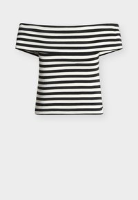 Top cu dungi orizontale alb-negru, cu mâneci scurte și decolteu larg pe umeri cu rever larg.