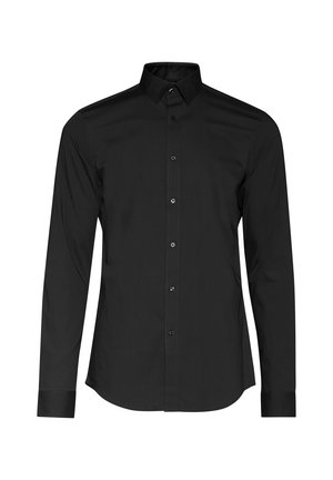 Zwarte langetermijn shirt, knopen voorkant, klassieke kraag, gladde textuur, slim fit, met subtiele stikdetails en zwarte knopen.