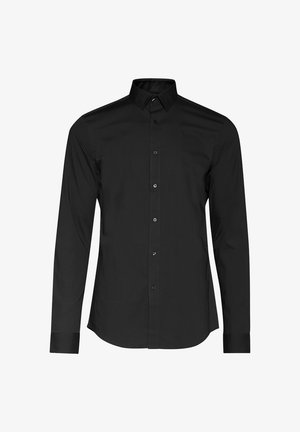 Čierna košeľa s dlhým rukávom, zapínanie na gombíky, klasický golier, hladká textúra, priliehavý strih, s jemnými švovými detailmi a čiernymi gombíkmi.