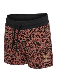 Korta blommiga badshorts i terrakotta med svart blommönster. Svart elastisk midja med justerbar dragsko. Guldig logodetalj.