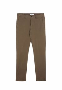 Chinos en coton marron à coupe droite, avec poches avant, fermeture par bouton, et des accents de surpiqûres jaunes discrètes.