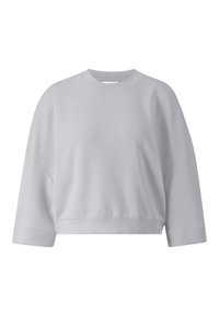 Sudadera recortada gris claro con cuello redondo, costuras de hombro caídas y dobladillo acanalado. Textura suave con un diseño simple.