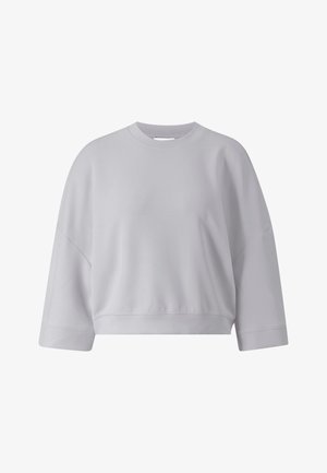 Lichtgrijze cropped sweatshirt met een ronde hals, verlaagde schoudernahten en geribde zoom. Gladde textuur met een eenvoudig ontwerp.