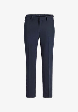 Marineblå skreddersydde bukser med beltehemper, frontglidelås og glatt front, vist mot en hvit bakgrunn.