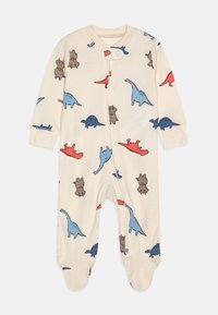 Bodysuit z dolgimi rokavi v kremni barvi s tiskanimi dinozavri v modri, rdeči in rjavi barvi. Rebrasta tekstura, zapiranje na pritisni gumb na ovratniku in zasnova z nogavicami.