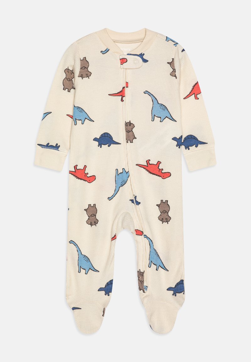 Bodysuit z dolgimi rokavi v kremni barvi s tiskanimi dinozavri v modri, rdeči in rjavi barvi. Rebrasta tekstura, zapiranje na pritisni gumb na ovratniku in zasnova z nogavicami.