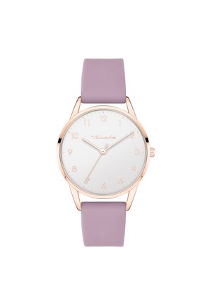 Roségoldene Uhr mit weißem Zifferblatt, Stundenmarkierungen und Zeigern. Weicher lavendelfarbener Silikonarmband, runde Gehäuse, minimalistisches Design.