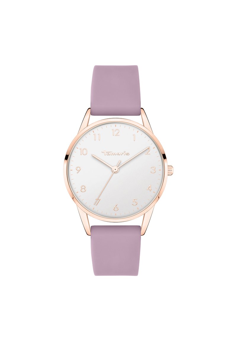 Roségoldene Uhr mit weißem Zifferblatt, Stundenmarkierungen und Zeigern. Weicher lavendelfarbener Silikonarmband, runde Gehäuse, minimalistisches Design.