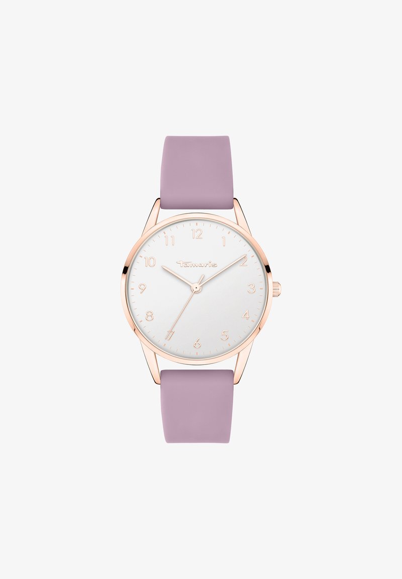 Roségoldene Uhr mit weißem Zifferblatt, Stundenmarkierungen und Zeigern. Weicher lavendelfarbener Silikonarmband, runde Gehäuse, minimalistisches Design.