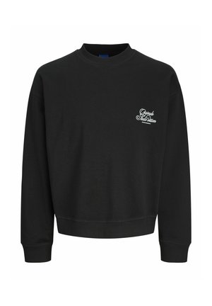 Black sweatshirt with a round neckline, ribbed cuffs, and a cropped hem. Features white embroidered branding on the left chest area.