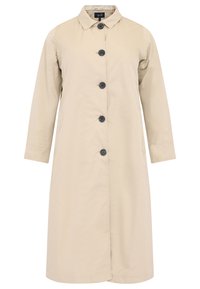 Beige trenchcoat met lange mouwen, een knoopsluiting aan de voorkant, een kraag en twee zijzakken. Gemaakt van een gladde, lichte stof.