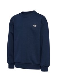 Marinblå sweatshirt i mjukt tyg, med rundad halsringning, långa ärmar, ribbade muddarna och en liten broderad logga på bröstet.