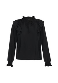 Schwarze Bluse mit langen Ärmeln und Rüschendetails, rundem Ausschnitt und Kordelzugverschluss. Verfügt über geraffte Ärmel und eine glatte Textur.