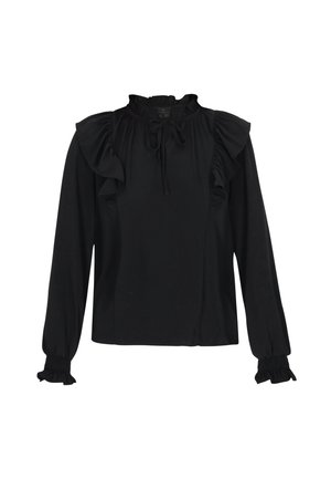 Black long-sleeve blouse with ruffled accents, round neck, and drawstring closure. Features gathered sleeves and a smooth texture.