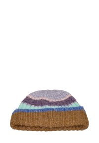 Knit beanie in assorted colors: soft brown brim, light purple and pastel blue wave patterns, textured surface, and rounded top.