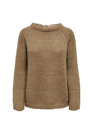 Brauner Strickpullover mit Rundhalsausschnitt, langen Ärmeln und gerippten Bündchen; strukturierter Stoff mit lockerer Passform und Bindeband hinten.