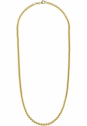 Goldene Perlenkette mit gleichmäßig runder Form, bestehend aus abwechselnd polierten und strukturierten Perlen, die hinten mit einem Verschluss gesichert ist.