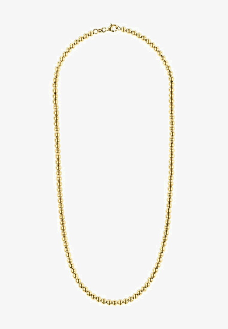 Goldene Perlenkette mit gleichmäßig runder Form, bestehend aus abwechselnd polierten und strukturierten Perlen, die hinten mit einem Verschluss gesichert ist.