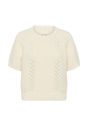 Pull en maille crème à manches courtes avec motifs en dentelle chevron sur le devant, col rond, manches et bas en côtes.