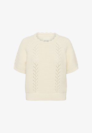 Kremasto kratka majica iz pletenine z vzorci čipk v obliki črke V spredaj ter rebrastim ovratnikom, rokavi in spodnjim robom.