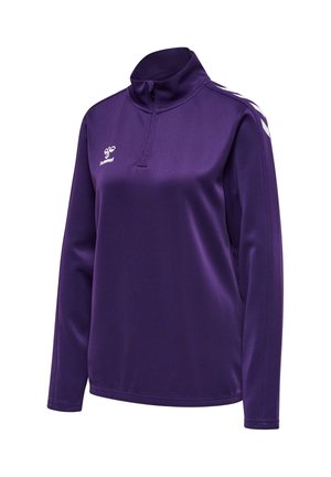 Lila Sportpullover mit langem Arm und Viertelreißverschluss, weißes Hummel-Logo auf der Brust und weiße Chevron-Muster auf den Schultern.