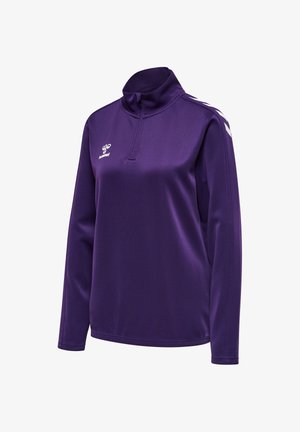 Lila Sportpullover mit langem Arm und Viertelreißverschluss, weißes Hummel-Logo auf der Brust und weiße Chevron-Muster auf den Schultern.