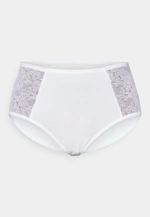 Culotte blanche pour femme avec des panneaux en dentelle florale transparente sur les côtés, un devant en tissu lisse et une coupe taille haute.