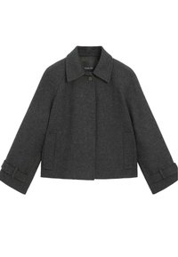 Gray wool cropped jacket with a small collar, raglan sleeves, two side pockets, and a button closure. Features strap accents on cuffs.