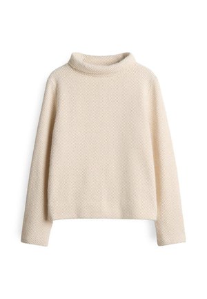 Maglione a collo alto lavorato a maglia di colore bianco sporco con un motivo testurizzato. Design accorciato, maniche lunghe e un tessuto morbido e caldo.
