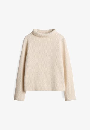 Strick-Pullover mit Rollkragen in Off-White mit einem strukturierten Muster. Kurz geschnitten, lange Ärmel und ein weicher, gemütlicher Stoff.