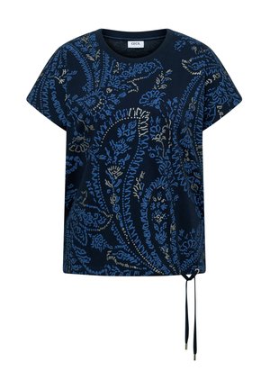 Granatowy top z krótkim rękawem z niebieskim i szarym kwiatowym wzorem paisley oraz regulowanym ściągaczem u dołu.
