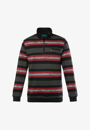 Maglione a maniche lunghe con zip sul collo, caratterizzato da strisce orizzontali di colore rosso, grigio e nero. Realizzato in tessuto morbido con tasca sul petto.
