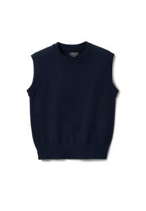 Gilet a maglia senza maniche blu navy con orlo, aperture per le braccia e scollo a girocollo a coste, disteso su sfondo bianco.