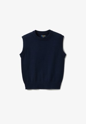 Gilet a maglia senza maniche blu navy con orlo, aperture per le braccia e scollo a girocollo a coste, disteso su sfondo bianco.