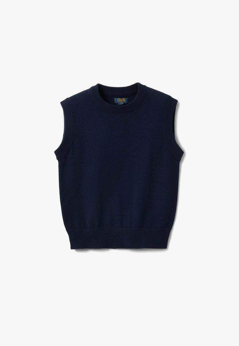 Gilet a maglia senza maniche blu navy con orlo, aperture per le braccia e scollo a girocollo a coste, disteso su sfondo bianco.