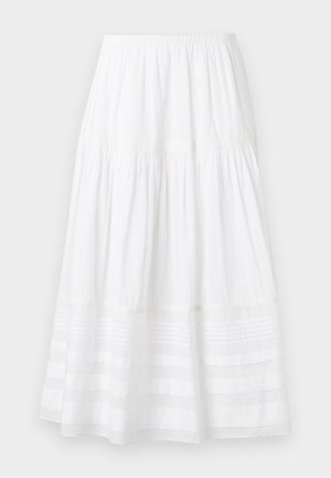 Λευκή midi φούστα με στρώσεις, με ελαστική μέση και οριζόντιες διάφανες λεπτομέρειες κοντά στο τελείωμα, σε μονόχρωμο φόντο.