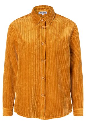 Corduroy shirt in mustard yellow, featuring a collar, button front, and long sleeves with ribbed texture and five wooden buttons.