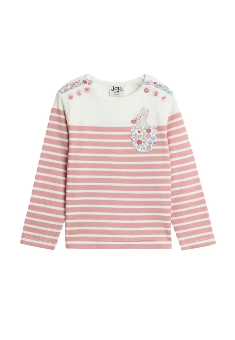 Camisa de manga larga a rayas en rosa claro y blanco, con un bolsillo de estampado floral que incluye un conejito, y botones decorativos en los hombros.