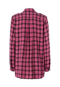 Camicia a maniche lunghe in fantasia a quadri rosa e nera con dettagli gialli. Presenta un colletto, polsini abbottonati e orlo dritto.