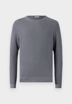 Grauer Langarmpullover mit strukturiertem Rippmuster, rundem Halsausschnitt und eng anliegenden Bündchen und Saum. Hergestellt aus einem weichen, atmungsaktiven Stoff.