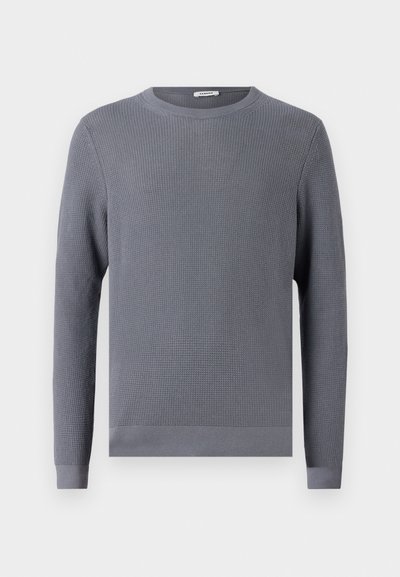 Grauer Langarmpullover mit strukturiertem Rippmuster, rundem Halsausschnitt und eng anliegenden Bündchen und Saum. Hergestellt aus einem weichen, atmungsaktiven Stoff.